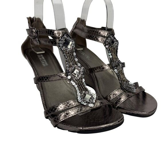 Y2K Kenneth Cole Reaction Bronze Faux Snake Skin Wedge Sequence Sandals Size 7.5 - Picture 1 of 12